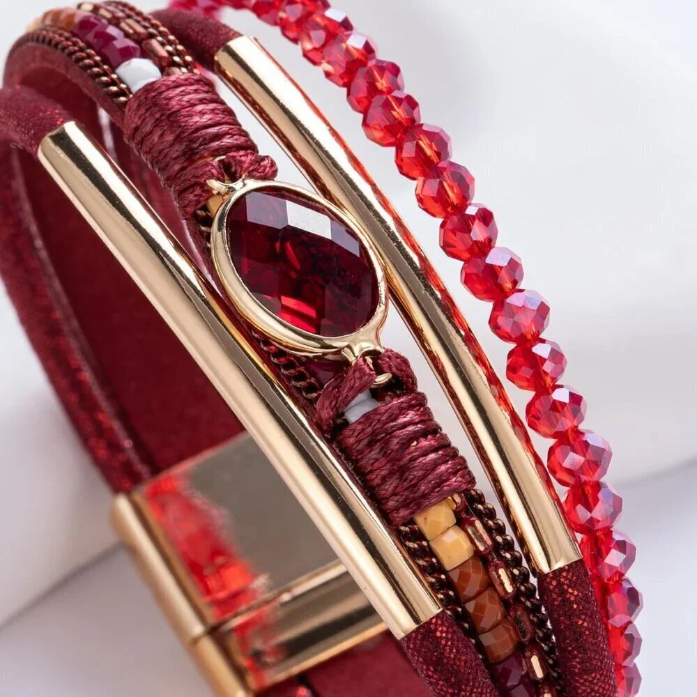 Leather Wrap Bracelets Crystal Beads Boho Cuff Stone Charm Jewelry Women